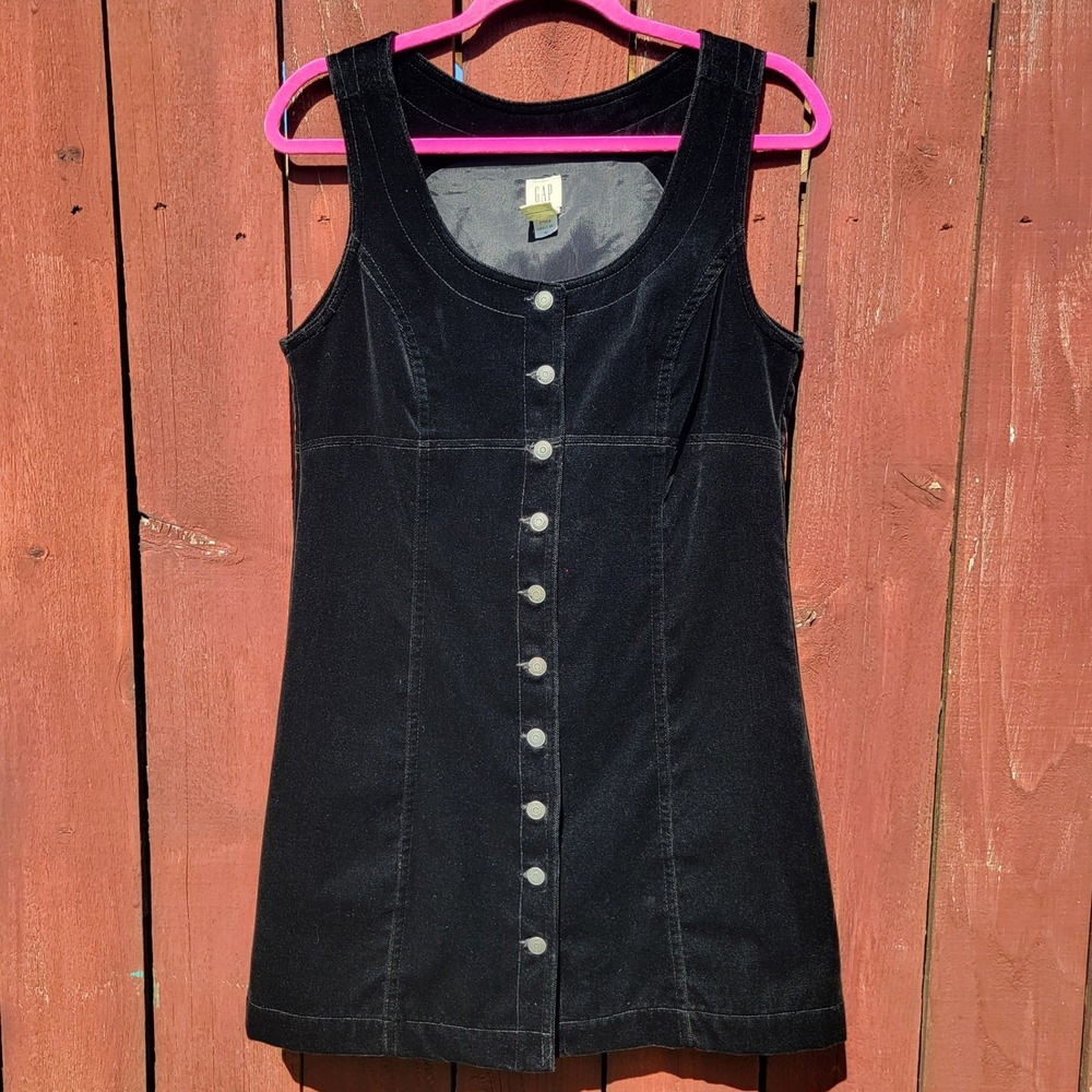 VTG Y2K Gap Black Velvet Mini Dress Button Front Sleeveless 90s Witchy Gothic 8